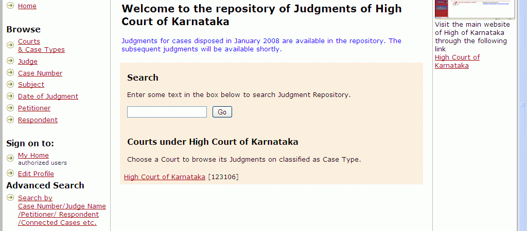 Judgment Information System for High Court of Karnataka using open source digital repository software DSPACE.