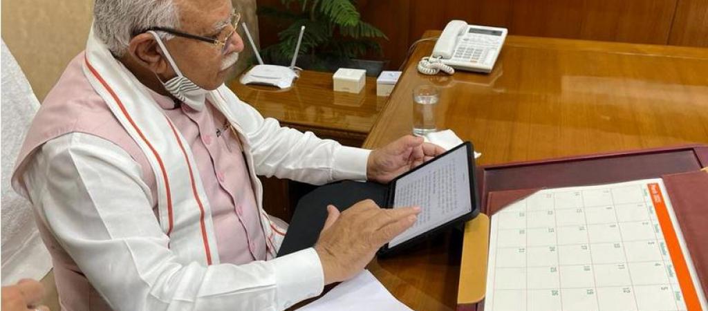 Haryana Chief Minister, Sh. Manohar Lal finalizing the budget on his tablet before presenting the budget in the Vidhan Sabha.