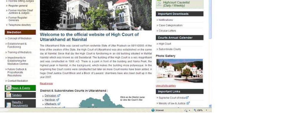 Snap shot of home Page of High Court of Uttarakhand website