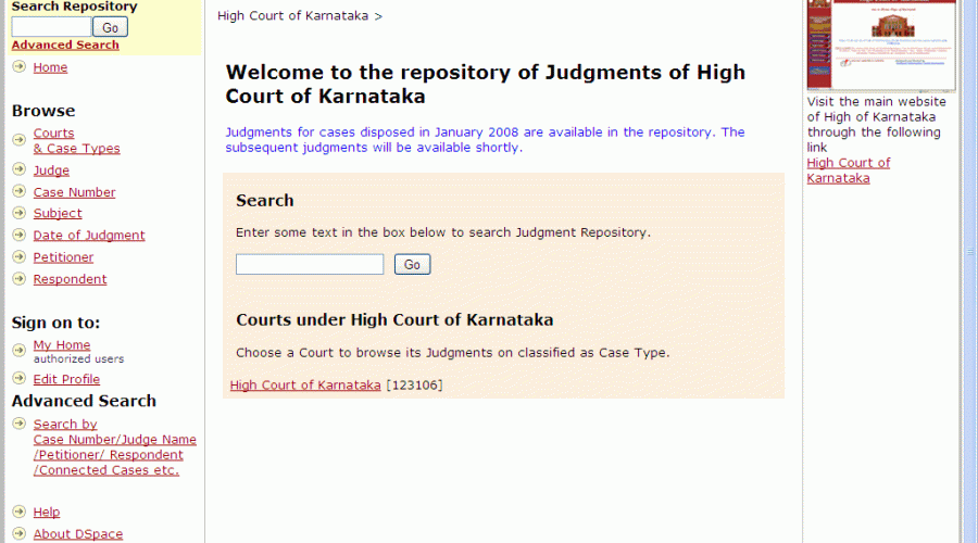 Judgment Information System for High Court of Karnataka using open source digital repository software DSPACE.