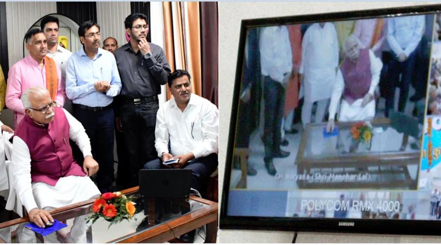 Haryana CM, Shri Manohar Lal inaugurating  Antyodaya Bhawans in seven districts of the State through NIC Video Conferencing at District Kurukshetra