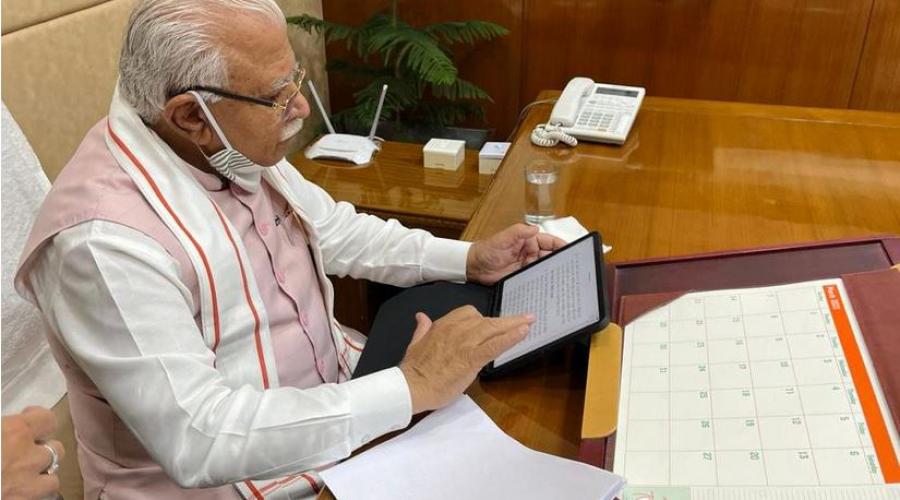 Haryana Chief Minister, Sh. Manohar Lal finalizing the budget on his tablet before presenting the budget in the Vidhan Sabha.