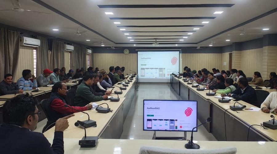 Collectorate staff receiving mandatory training on Aadhar-Enabled Biometric Attendance System